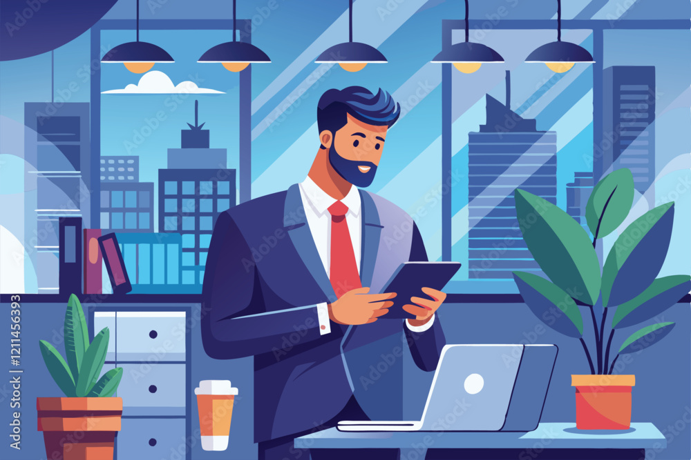 A confident freelancer checks his smartphone while standing in a stylish office Freelancer or casual businessman using smartphone in modern office