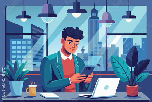 A freelancer is focused on his smartphone while seated at a stylish desk in a modern office Freelancer or casual businessman using smartphone in modern office
