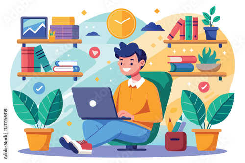 A freelancer works on a laptop in a bright home office with books and plants nearby Freelancer or remote worker,