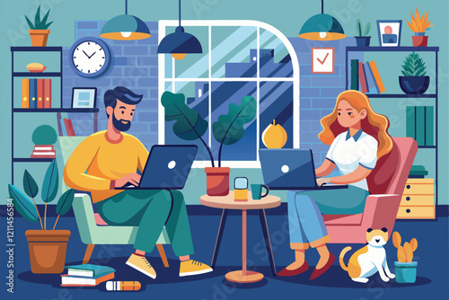 Two freelancers concentrate on their laptops in a bright, stylish living space freelancers do assignments at home