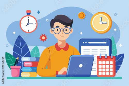 A freelance worker uses a laptop while keeping track of time with a calendar and clocks in a bright workspace freelance worker with calendar clock background