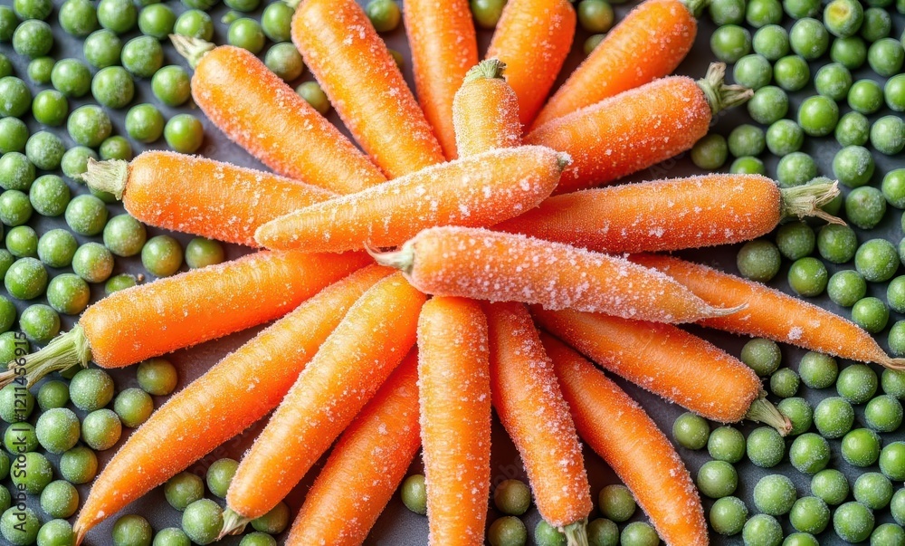 Vibrant carrots surrounded by green peas. Vibrant carrots surrounded by green peas.