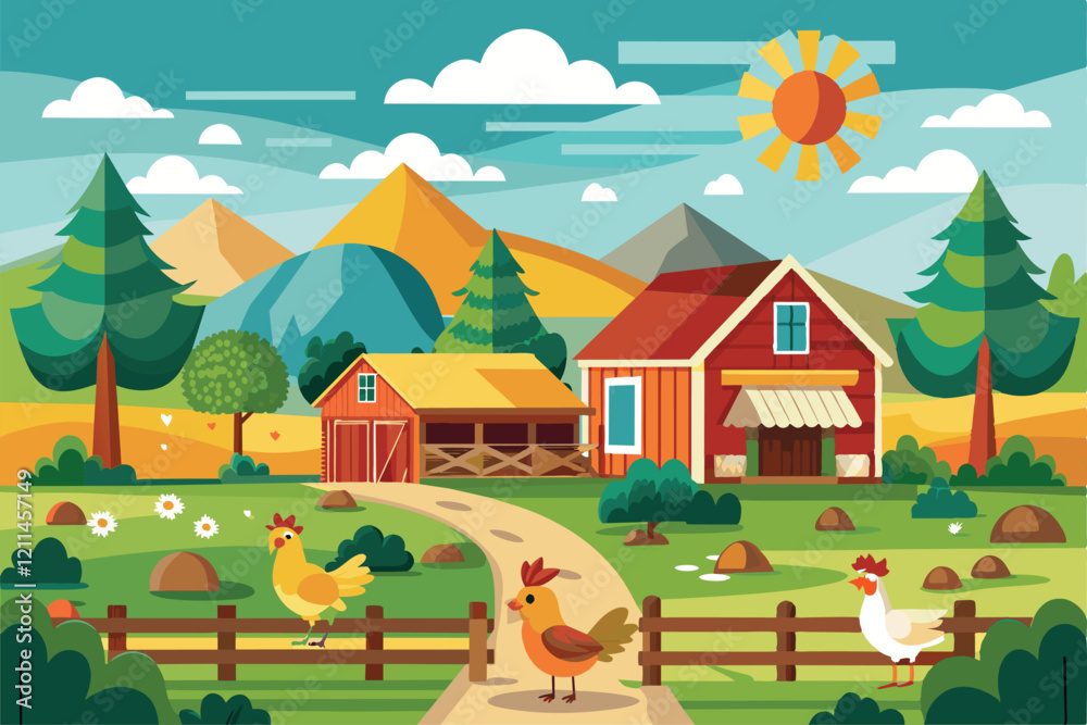 Chickens roam freely around a colorful farm with mountains and a clear blue sky Free range chicken farm Customizable Disproportionate Illustration Chickens roam freely around a colorful farm with mountains and a clear blue sky Free range chicken farm Customizable Disproportionate Illustration