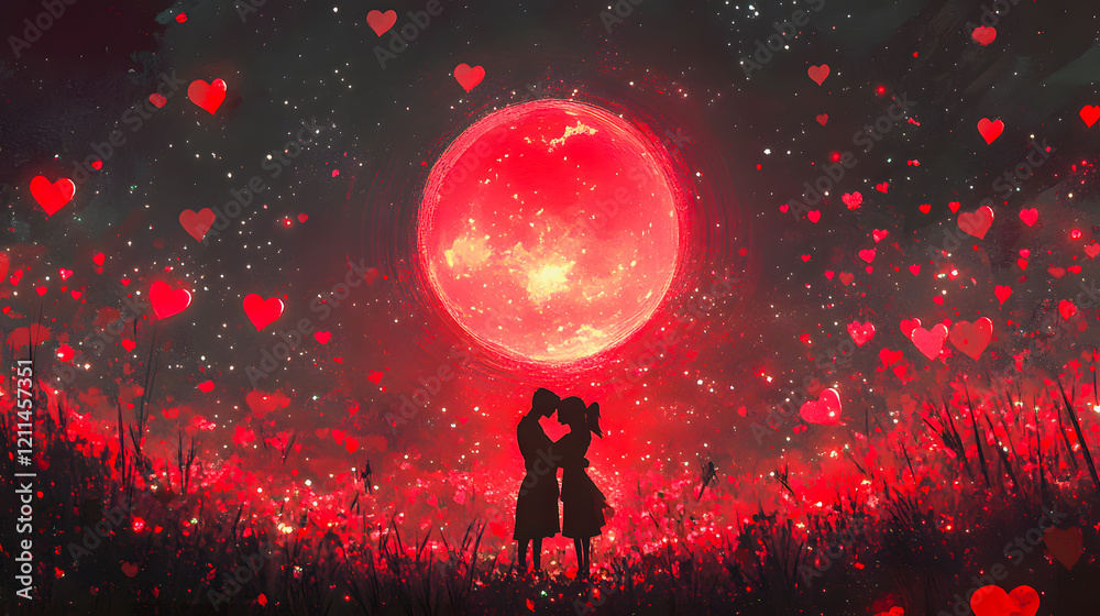 Romantic fantasy scene of a couple embracing in an ethereal glow. The background is filled with fiery colors, floating hearts, and sparks of magic, evoking deep love and passion. Valentines Day. Romantic fantasy scene of a couple embracing in an ethereal glow. The background is filled with fiery colors, floating hearts, and sparks of magic, evoking deep love and passion. Valentines Day.