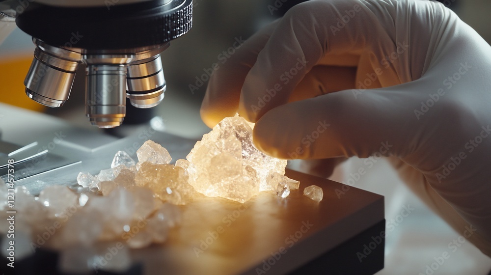 Gloved hand examines crystals under microscope in lab Gloved hand examines crystals under microscope in lab