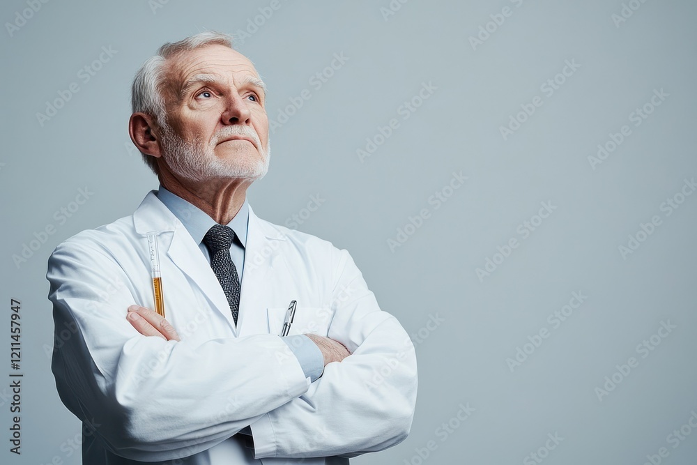 Senior scientist studio portrait, arms crossed, thoughtful expression, gray background, medical research. Senior scientist studio portrait, arms crossed, thoughtful expression, gray background, medical research.