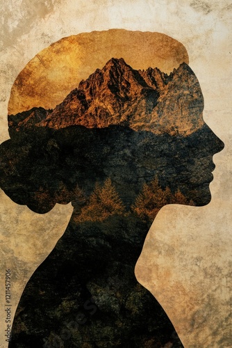 Mountain silhouette within a womanprofile: A profile of a senior woman with a mountain inside her head, symbolizing resilience, challenges, and mental fortitude. Deep earthy colors add depth. photo