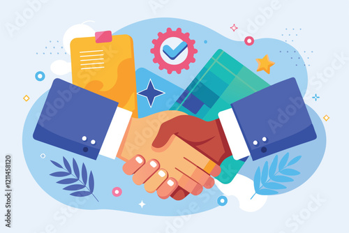 A colorful illustration depicting a handshake representing partnership and mutual respect among colleagues Friendly handshake Customizable Flat Illustration