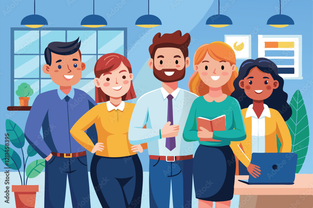 Obraz premium The team expresses excitement and friendliness towards a new member in a vibrant office environment Friendly team happy to see newcomer, good relationship in company office,