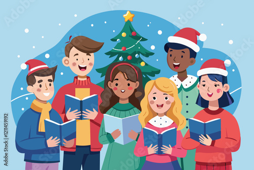 A cheerful group of friends caroling around a Christmas tree in winter attire Friends singing christmas carol Customizable Flat Illustration