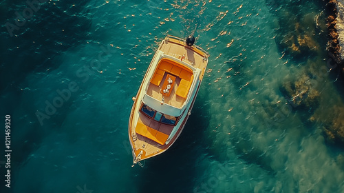 Aerial view of a motorboat with an orange deck floating on clear water.