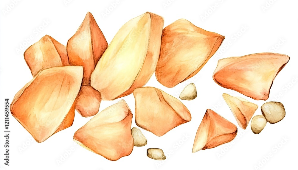 A collection of hand-painted peach-colored stone fragments scattered on a white background, showcasing natural textures A collection of hand-painted peach-colored stone fragments scattered on a white background, showcasing natural textures