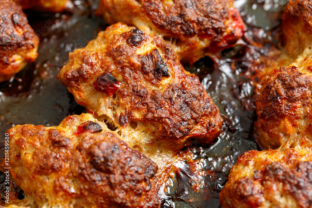 A pan of meat is cooked and has a crispy crust A pan of meat is cooked and has a crispy crust