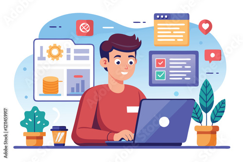 A front end developer focuses on coding and design in a bright, organized workspace Front end developer with mobile application or program,