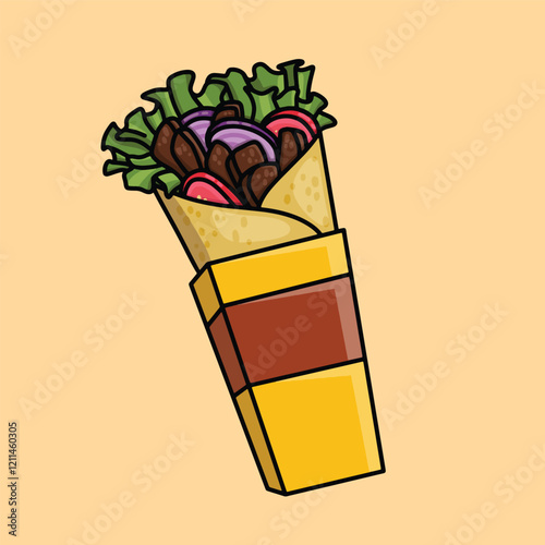 Delicious meat kebabs in red and yellow takeaway packaging