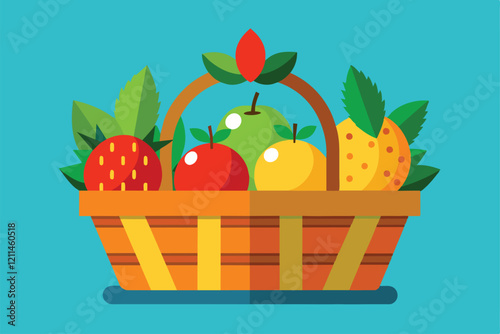 A colorful fruit basket is filled with strawberries, apples, pears, and pineapples against a bright turquoise backdrop Fruit basket Customizable Disproportionate Illustration