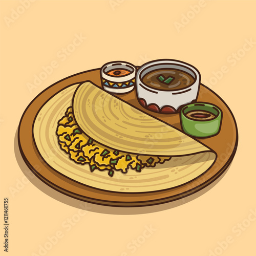 Indian masala dosa with three delicious sauces for seasoning