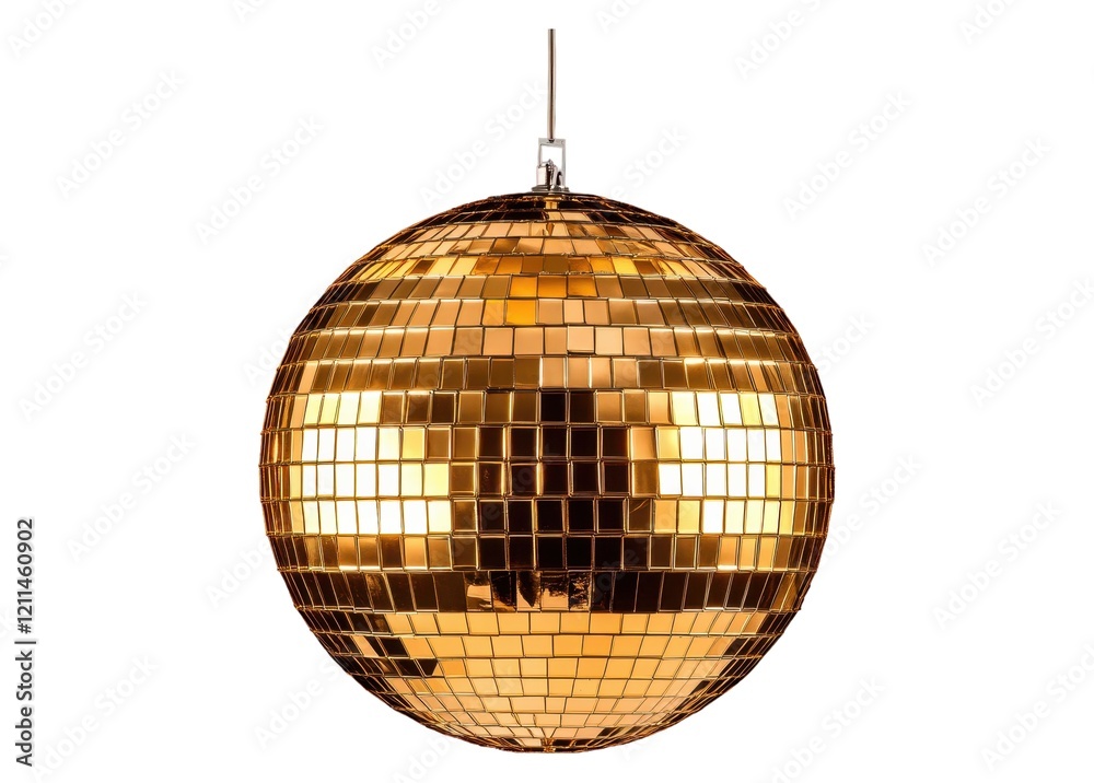 Obraz premium Golden Disco Ball Hanging Against a Black Background, Isolated on White Background Cutout