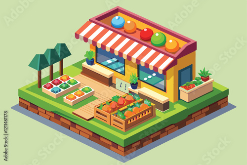 Fruit shop displays a variety of fresh produce and colorful decorations in a lively isometric design Fruit shop Customizable Isometric Illustration