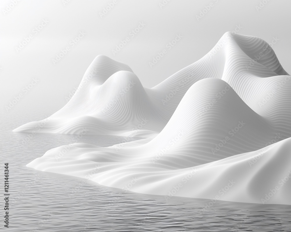 Obraz premium Abstract white landscape with smooth, undulating hills rising from calm water.