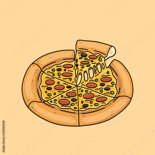 Melted cheese pepperoni pizza isolated on beige background