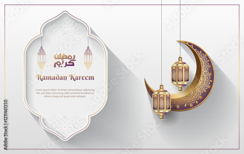 islamic greetings ramadan kareem card design with beautiful lanterns and crescent moon