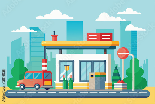 A fuel station with a car at the pump surrounded by an urban landscape and clear skies Fuel station Customizable Flat Illustration