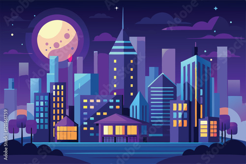 A vibrant city skyline illuminated by a full moon, showcasing modern buildings against a night sky full moon city