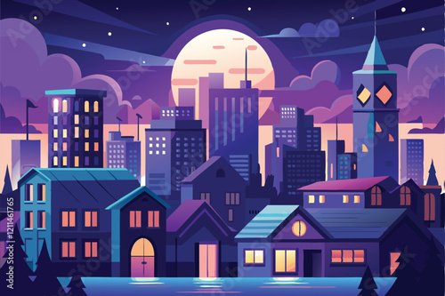 The full moon casts a radiant light over the lively city scene, highlighting modern and traditional architecture full moon city