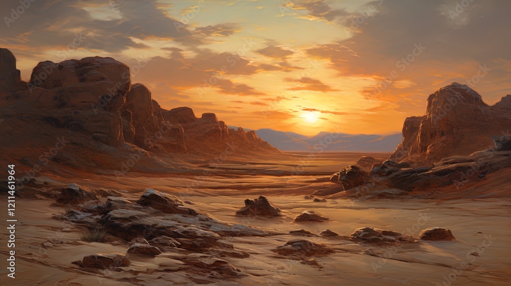 A breathtaking desert landscape at sunset, showcasing rugged rock formations and a vast sandy terrain. The sky is a palette of warm colors, including shades of orange, gold, and soft purple, as the su