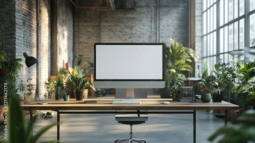Modern Workspace with Desktop Computer and Indoor Plants in Loft Style Modern Workspace with Desktop Computer and Indoor Plants in Loft Style