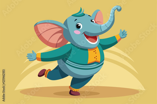 A joyful cartoon elephant dances energetically with a big smile in a vibrant environment Funny cartoon elephant dancing