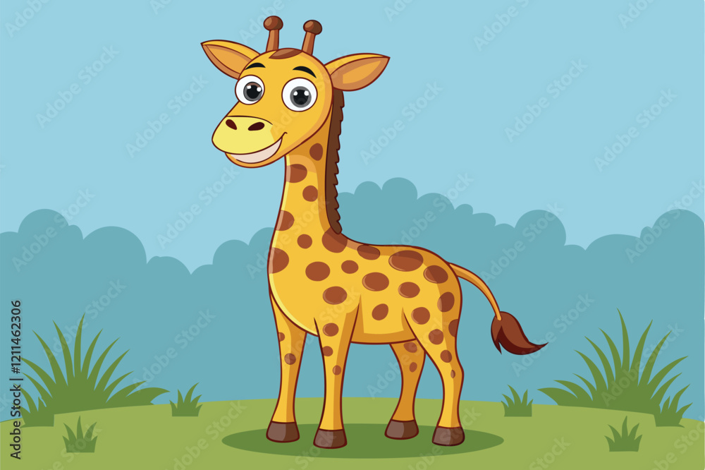 Fototapeta premium A giraffe smiles joyfully in a vibrant field with tall grass and a clear sky Funny cartoon of a giraffe