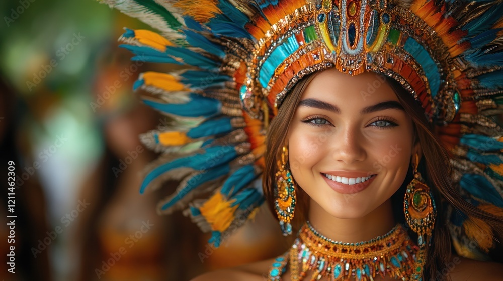 Smiling woman, Aztec headdress, festival, blurred background, portrait
