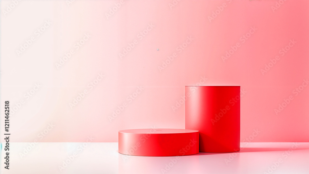 3D valentine day background with pink, red, white cylinder pedestal 2 podiums. Mock up stand for product presentation. 3D Render. St valentines day promotion concept. 3D valentine day background with pink, red, white cylinder pedestal 2 podiums. Mock up stand for product presentation. 3D Render. St valentines day promotion concept.