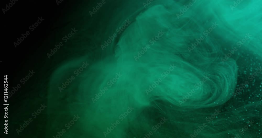 Art fluid. Smoke swirl. Glowing green turquoise veil curl ink spray defocused blend shimmering sand surface abstract background water mix.