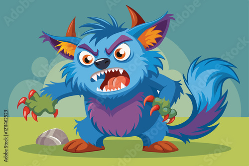 The naughty blue creature with sharp claws appears ready to pounce in a grassy area Funny furry pet or naughty animal with bad behavior,