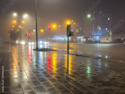 Fototapeta Naklejka Na Ścianę i Meble -  A rainy night with a street light shining on the wet pavement