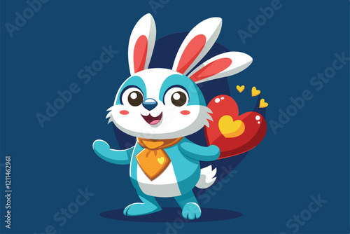 A cheerful rabbit proudly displays a heart, radiating happiness against a blue backdrop Funny rabbit holding a heart