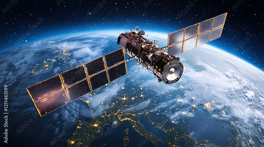 Fototapeta premium photorealistic image of satellite orbiting Earth, showcasing intricate details and vibrant colors
