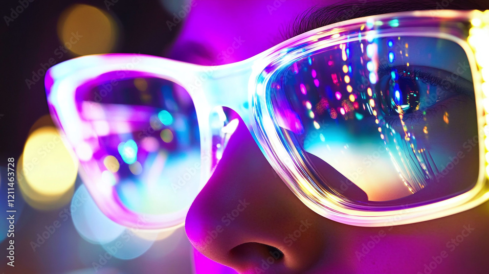 Close-up of a person wearing LED glasses with bright urban nightlife as a blurred backdrop. Close-up of a person wearing LED glasses with bright urban nightlife as a blurred backdrop.