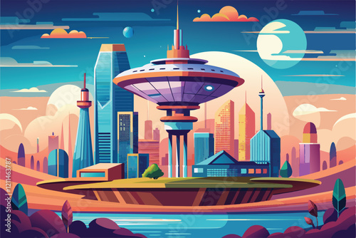 A vibrant futuristic city features unique architecture surrounded by colorful skies and tranquil waters Future city Customizable Semi Flat Illustration