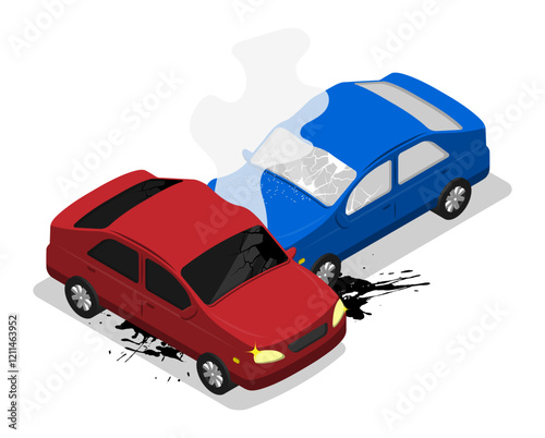 Isometric two cars collided In car accident on road. Consequences of inattentive driving and violation of traffic rules. Aerial view 3D vector isolated on white background