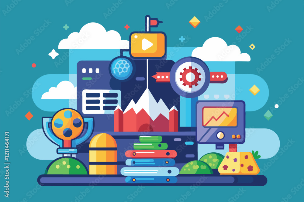 This colorful composition highlights key aspects of game analytics with playful visuals Game analytics Customizable Flat Illustration This colorful composition highlights key aspects of game analytics with playful visuals Game analytics Customizable Flat Illustration