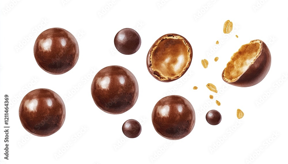 Obraz premium Assorted chocolate-covered snacks displayed on a white background, showcasing whole and broken pieces
