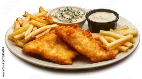 A plate of crispy fish and chips with golden-brown battered fish fillets, thick-cut fries, and a side of tartar sauce