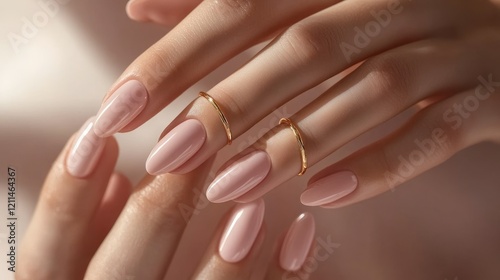 Close-up of elegant female hands with pink nails and gold rings, soft lighting.
