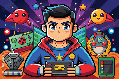 A dynamic cartoon character engages with gaming gadgets in a colorful, imaginative environment Gaming Customizable Cartoon Illustration