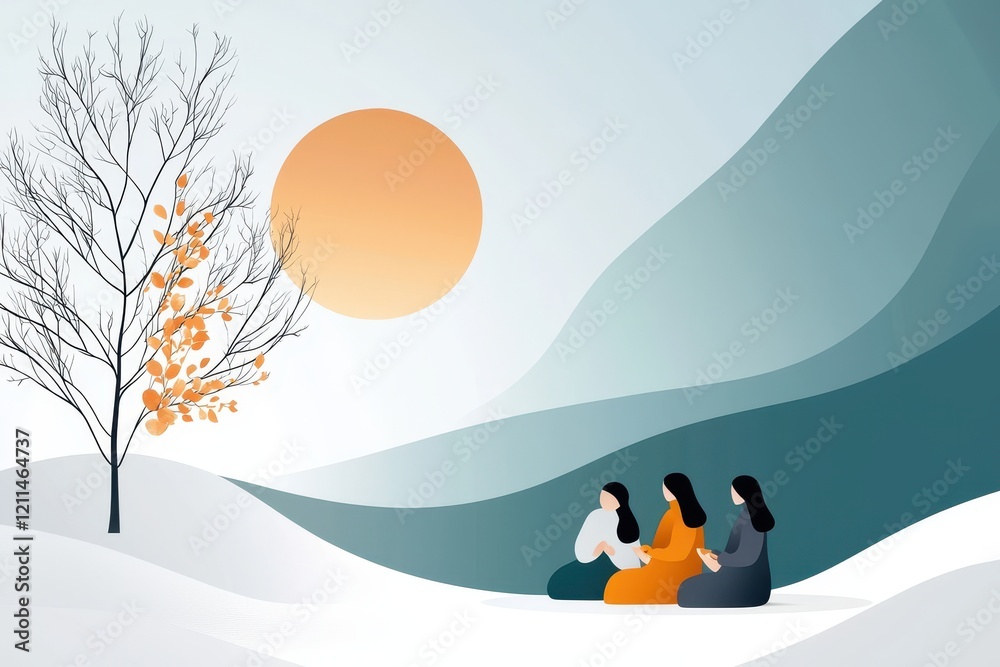 A serene winter scene with three women sitting in the snow, a tree with autumn leaves, and a warm sun setting behind gentle hills. A serene winter scene with three women sitting in the snow, a tree with autumn leaves, and a warm sun setting behind gentle hills.