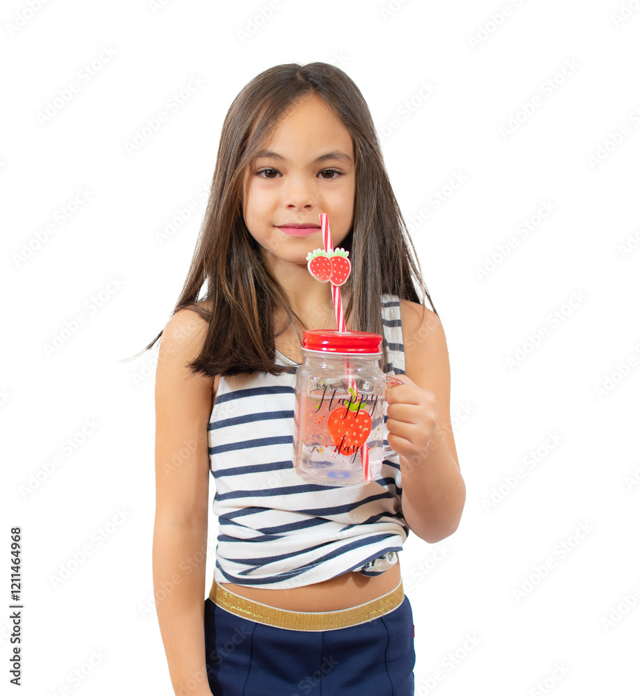 Pretty little girl in striped t-shirt holding a cold drink over transparent background. PNG transparent. Pretty little girl in striped t-shirt holding a cold drink over transparent background. PNG transparent.